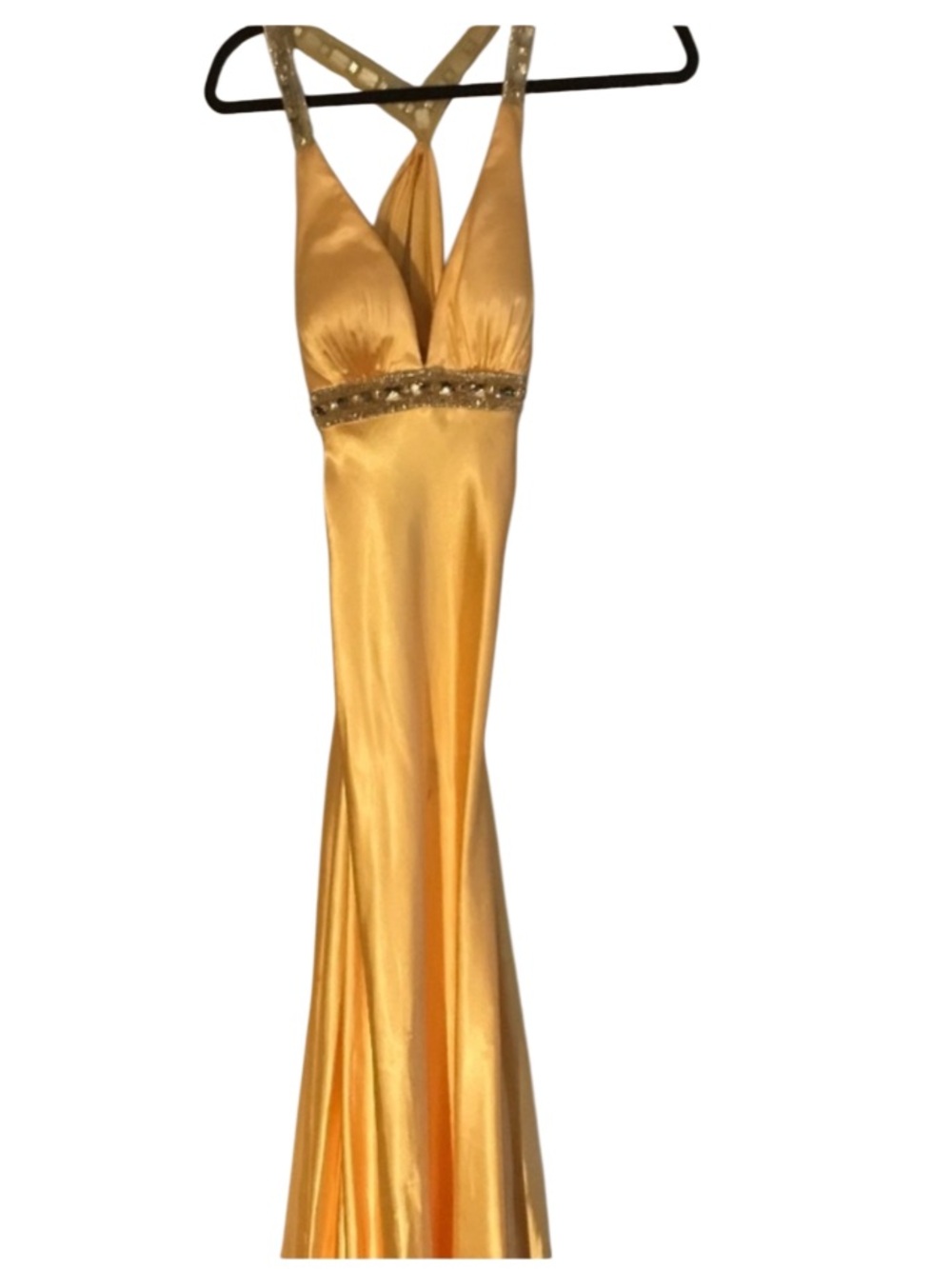 Faviana Elegant Yellow Satin Evening Gown with Beaded Accents